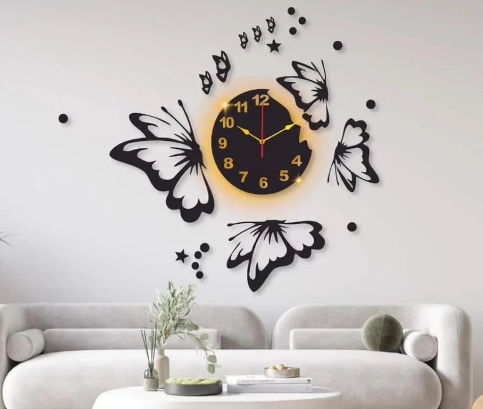 3D Butterfly Wall Clock in Wood and Acrylic