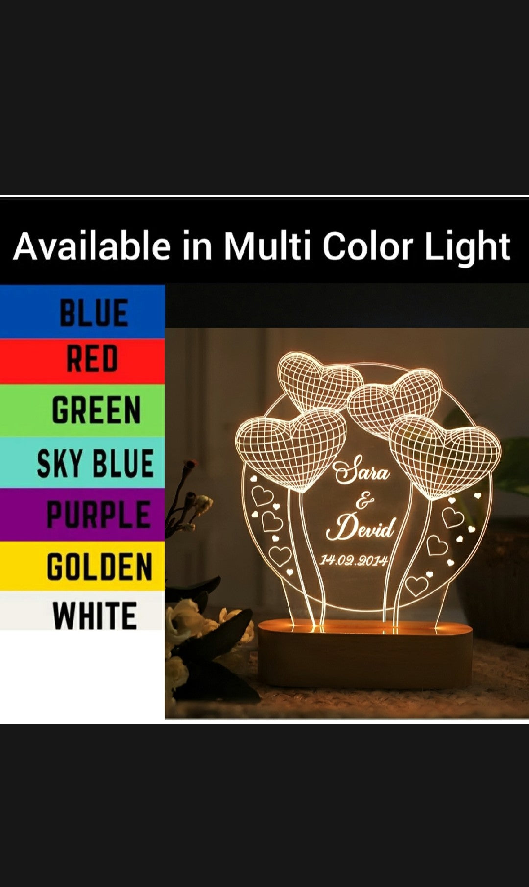 Custom 3D Name Lamp, Personalized Name Illusion, Heart Light Lamp, 3D Name Birthday Lamp