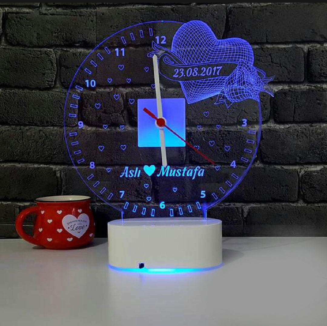Customize 3d Clock Heart with name illusion lamp, 3D Light Lamp