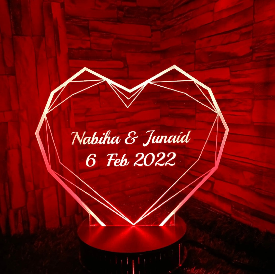 Customize 3d Heart with Name illusion lamp, 3D Light Lamp