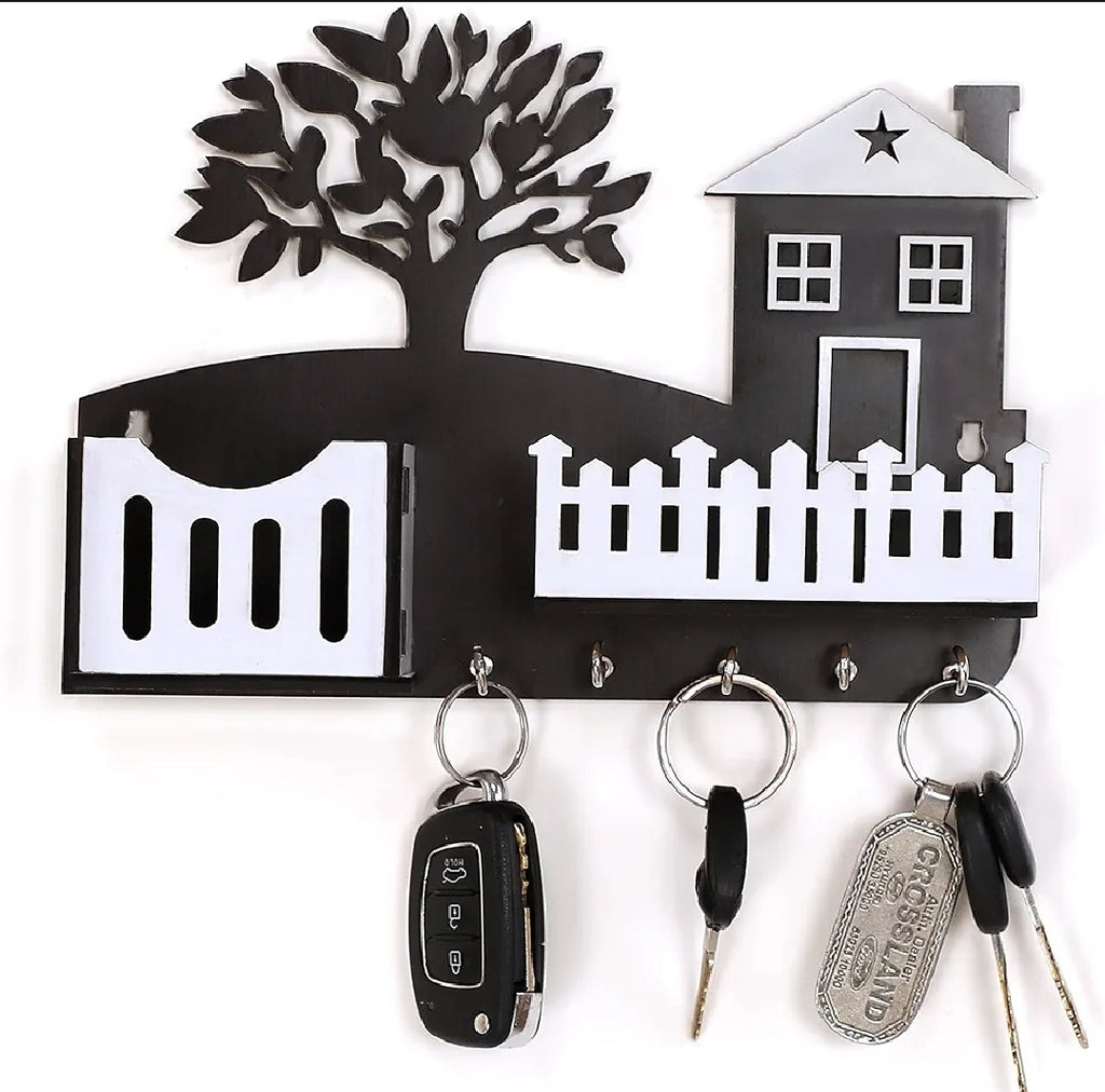 Wooden Entryway Key Holder with Tree Art