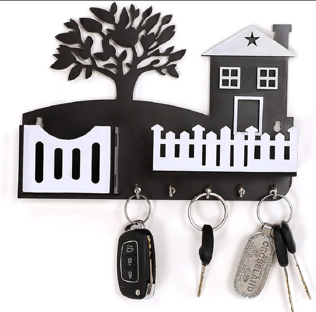 Wooden Entryway Key Holder with Tree Art