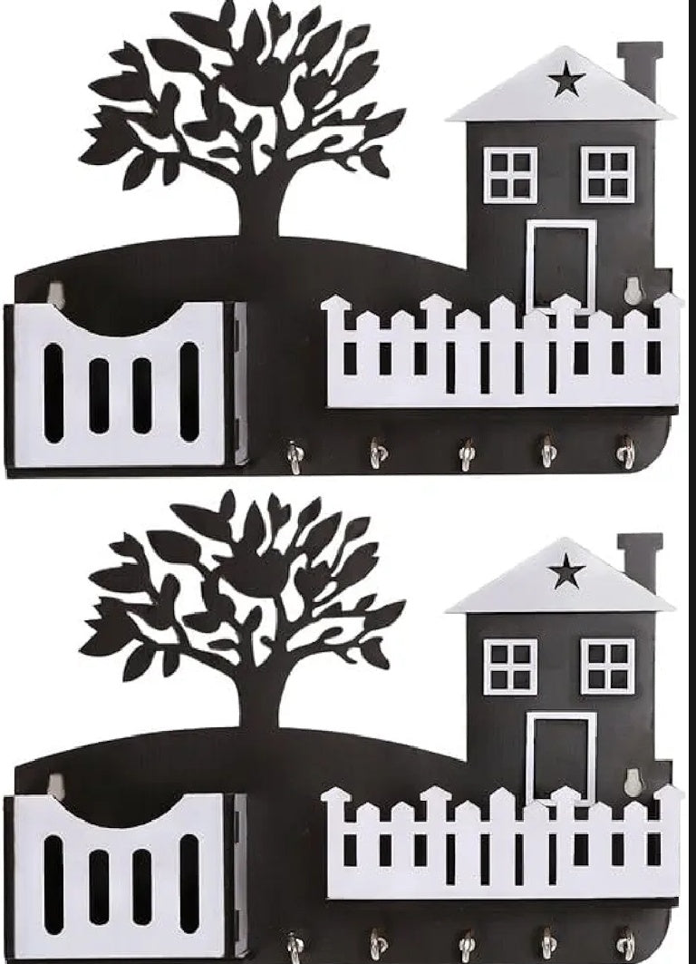 Wooden Entryway Key Holder with Tree Art