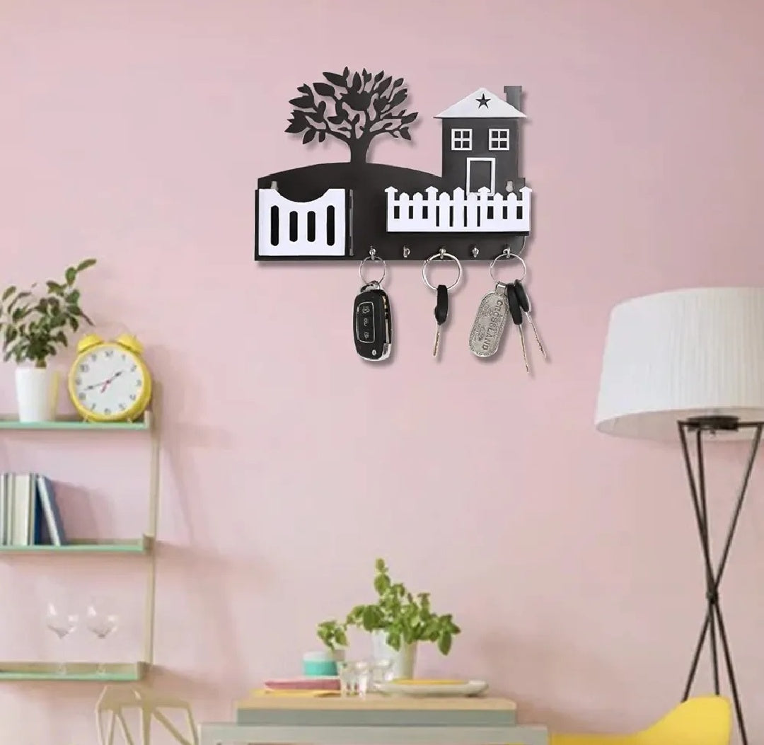 Wooden Entryway Key Holder with Tree Art