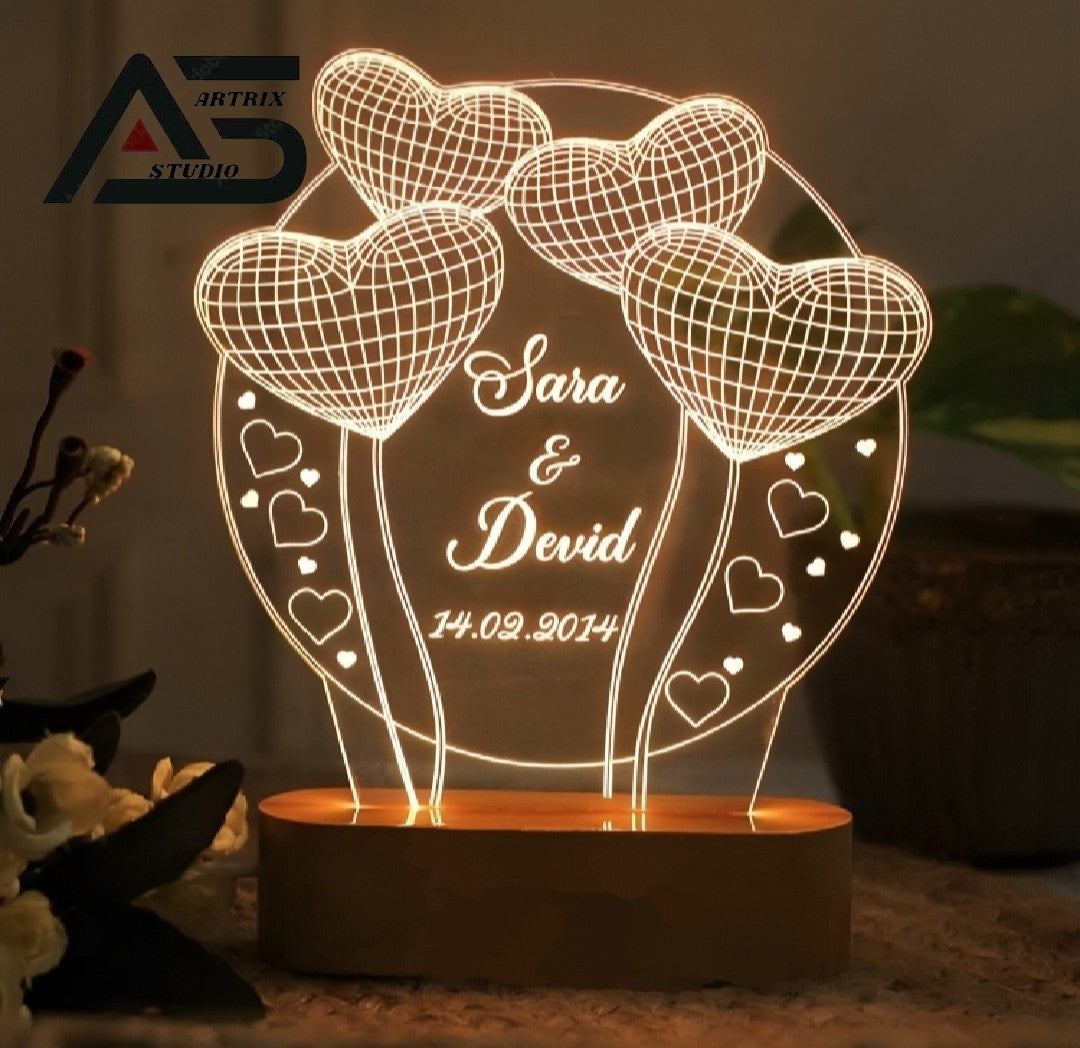 Custom 3D Name Lamp, Personalized Name Illusion, Heart Light Lamp, 3D Name Birthday Lamp